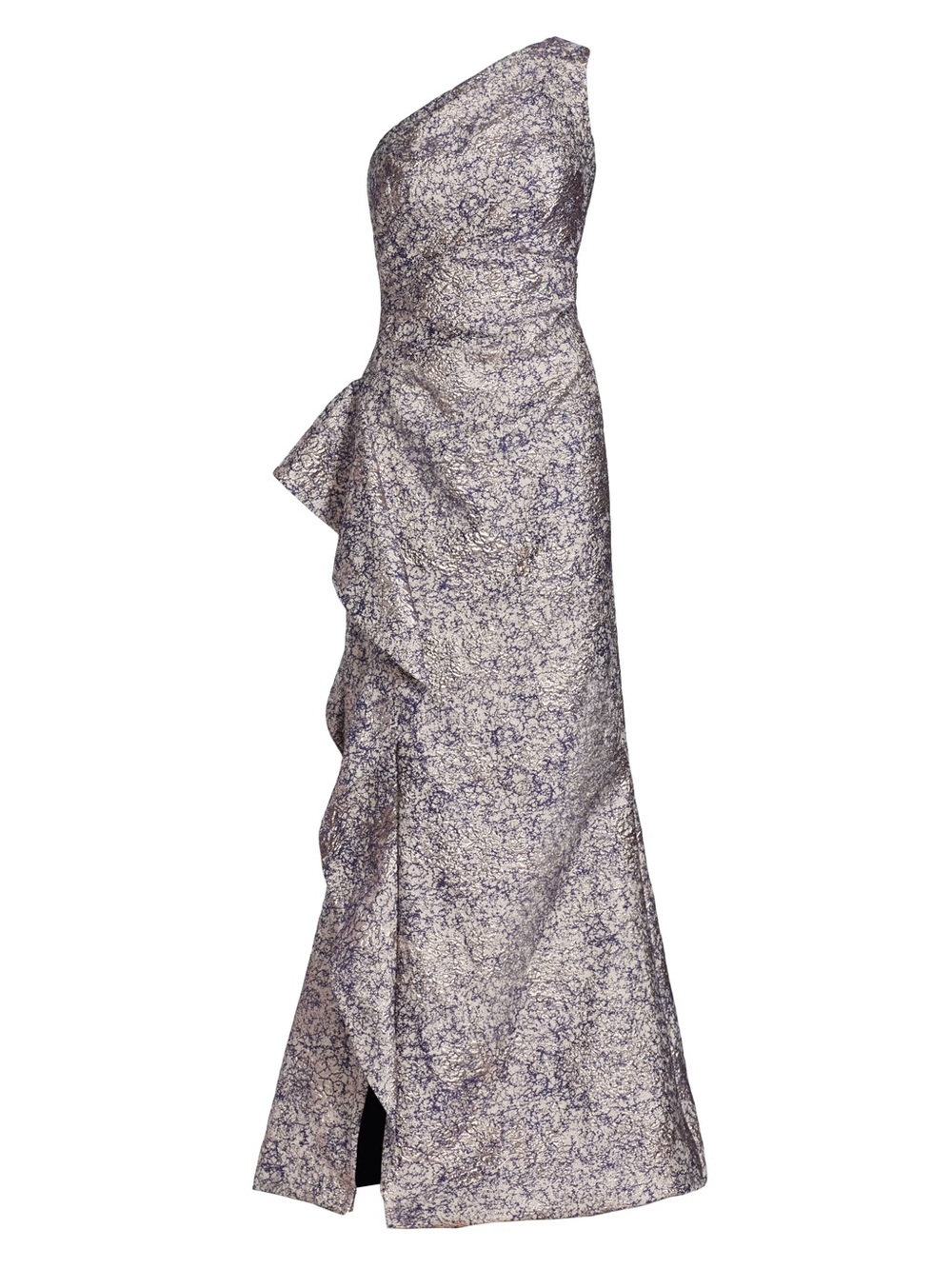 Teri Jon One-Shoulder Blue Metallic Jacquard Gown